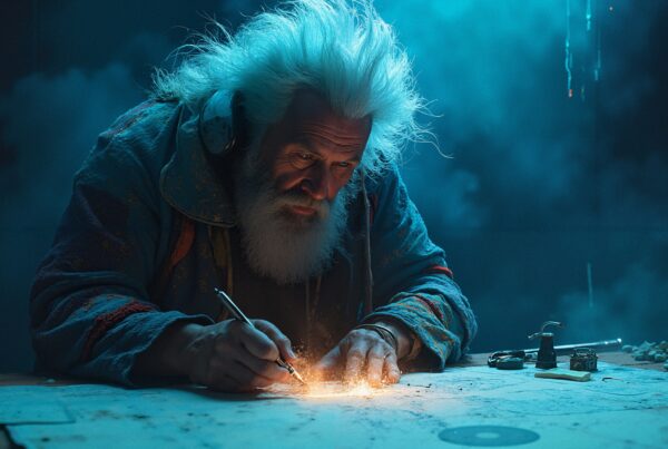 An elderly man with white hair and beard intensely works on a glowing map at a cluttered workbench, surrounded by cool blue light.