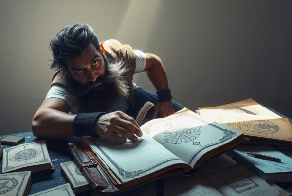 A scholarly man writing with a quill in dim light.