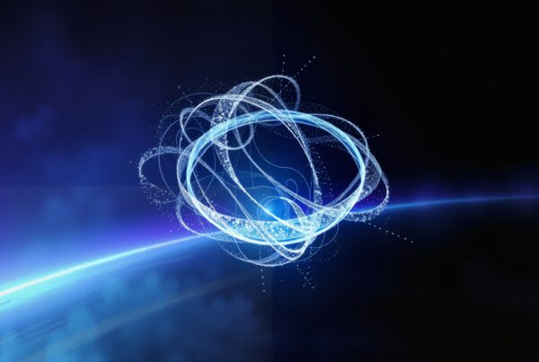 Abstract space scene with swirling blue energy lines conveying cosmic dynamics.