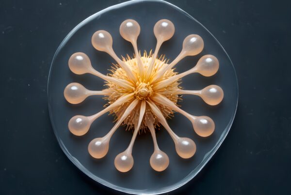 A circular, symmetrical arrangement resembling a spiky flower with translucent droplet shapes, displayed on a dark background in a transparent dish.