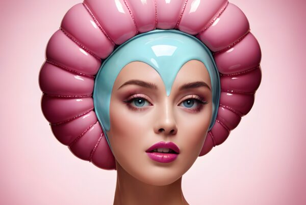 A model with a futuristic headdress against a pink backdrop.