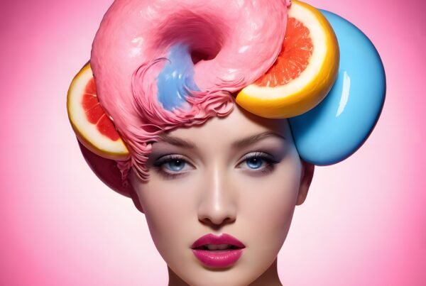 Surreal portrait of a woman with colorful sculpted hair incorporating citrus elements against a pink gradient background.