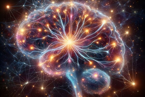 Vibrant cosmic illustration of a brain's neural network resembling a galaxy.