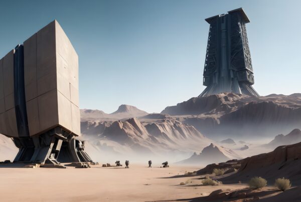 Futuristic towers stand in a rugged desert landscape with scattered vehicles.