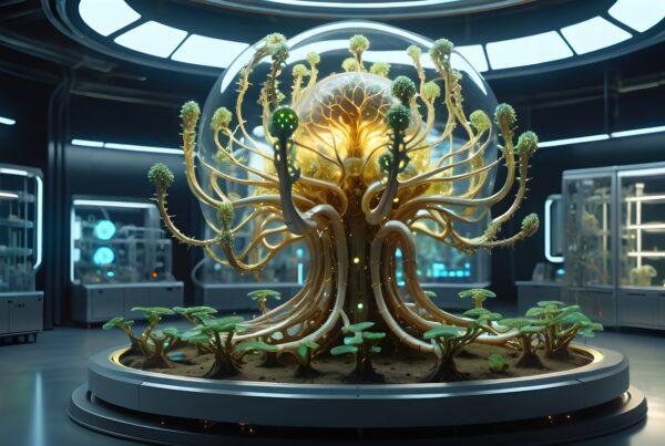 A futuristic laboratory with a bioluminescent plant centerpiece in a transparent dome, surrounded by luminous growths.