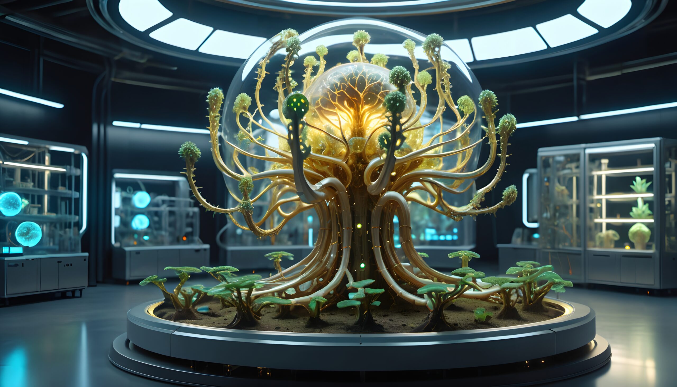 Futuristic Bioluminescent Plant Laboratory