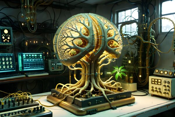 Futuristic lab with artificial brain-tree structure.