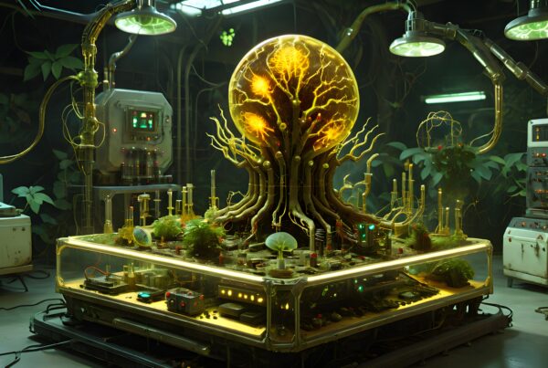 Futuristic laboratory with glowing bioluminescent tree.