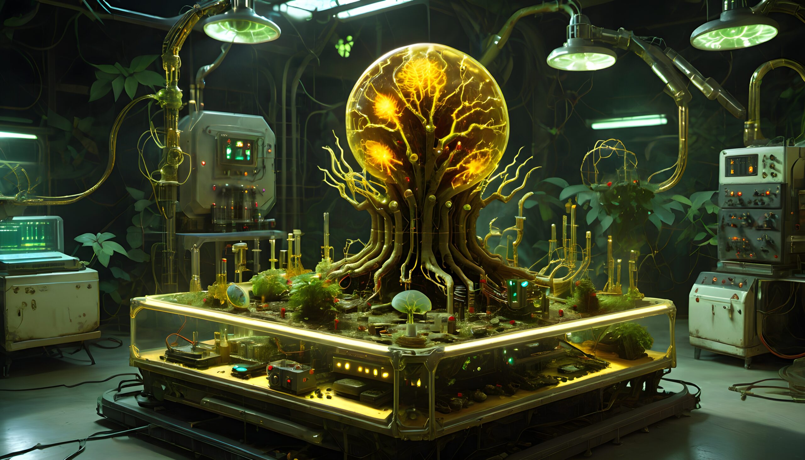 Futuristic Bioluminescent Tree Laboratory