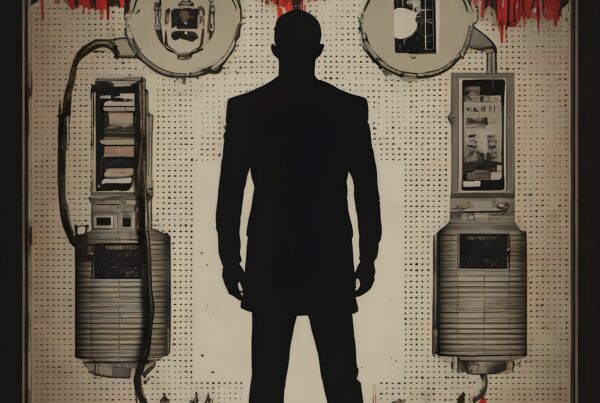 Silhouetted figure amidst vintage machinery.