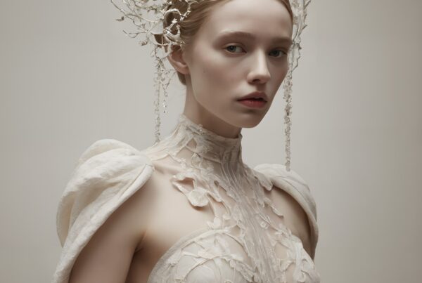 Ethereal white gown with floral patterns and elaborate branch-like headpiece.
