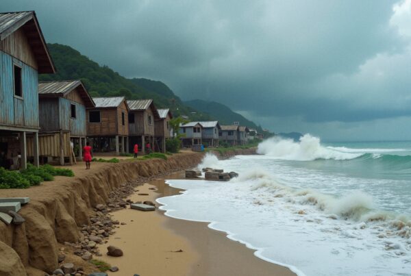 Coastal wooden houses on a stormy beach with crashing waves and misty hills in the background.