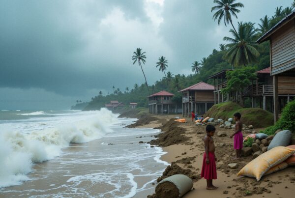 Tropical beach with cabins and crashing waves under cloudy skies.