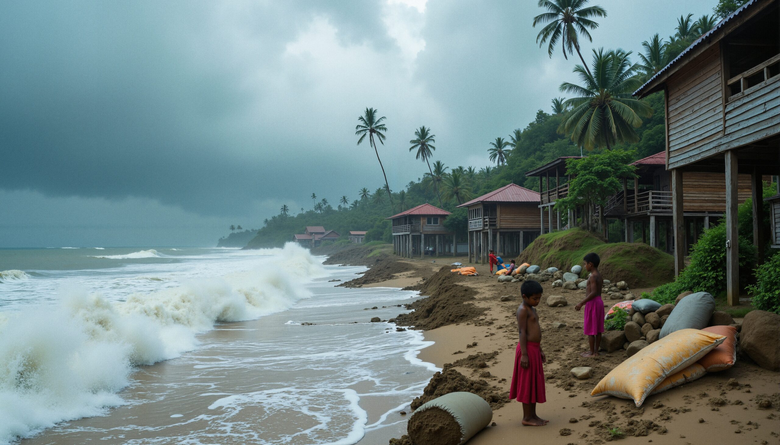 Tropical Beach with Wooden Cabins