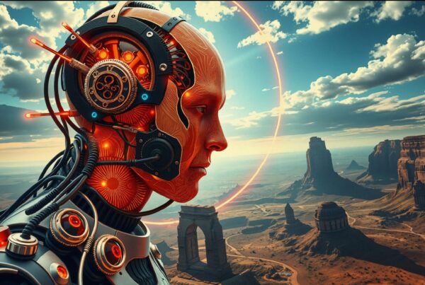 A humanoid robot with glowing gears and desert landscape.