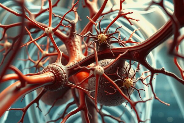A detailed image of neurons forming a complex neural network with textured, branching structures.