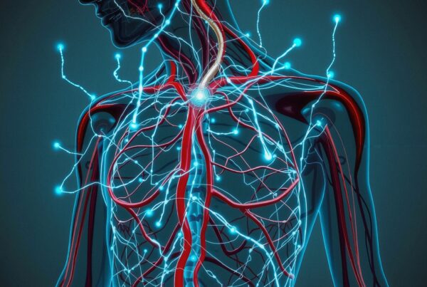 A detailed anatomical illustration of the human circulatory and nervous systems with vivid colors and intricate pathways.
