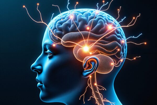 Illustration of a human brain with illuminated neural connections on a dark background, highlighting the complexity of human cognition.