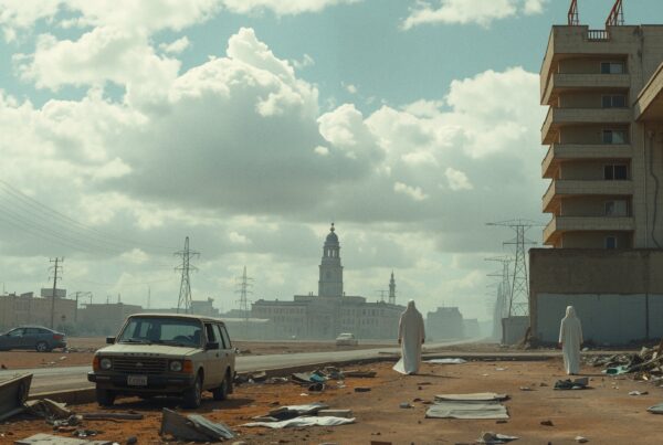 Dusty cityscape with debris and power lines.