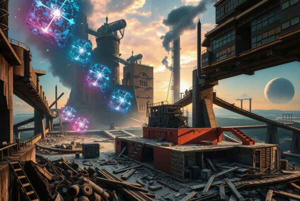 Futuristic factory with floating neon cubes under alien sky.