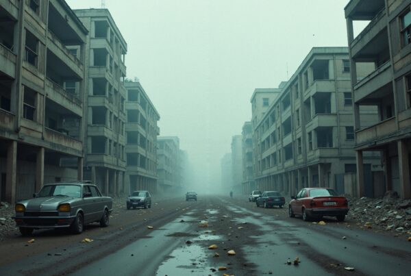 Abandoned street with old vehicles and foggy atmosphere.
