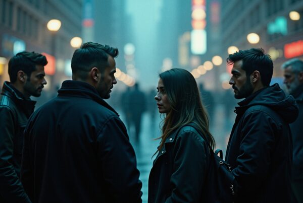 Four individuals converse on a foggy urban street at night.