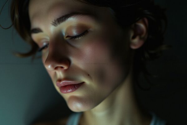 Portrait of a serene person with closed eyes and soft lighting, creating a mood of tranquility and introspection.