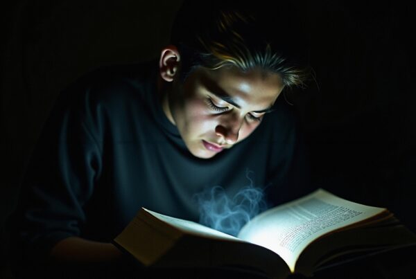 A person reading an illuminated book with mysterious smoke rising, creating a dramatic and captivating scene.