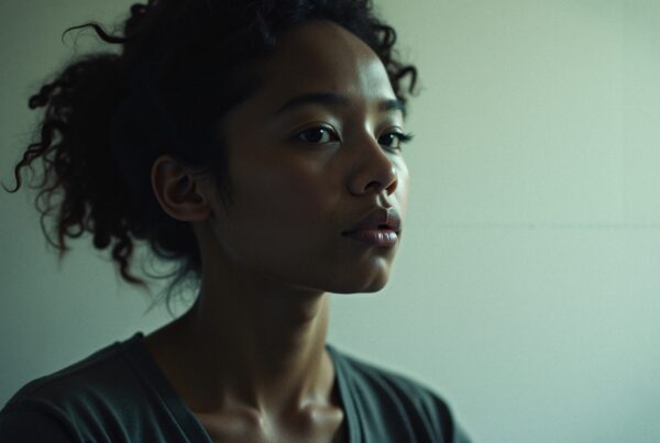 Young woman with curly hair gazing thoughtfully to the side in soft, moody lighting.