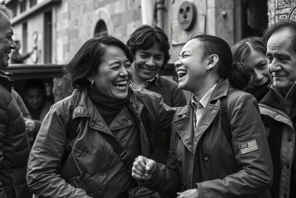 A group of people laughing together on a city street, captured in black and white.