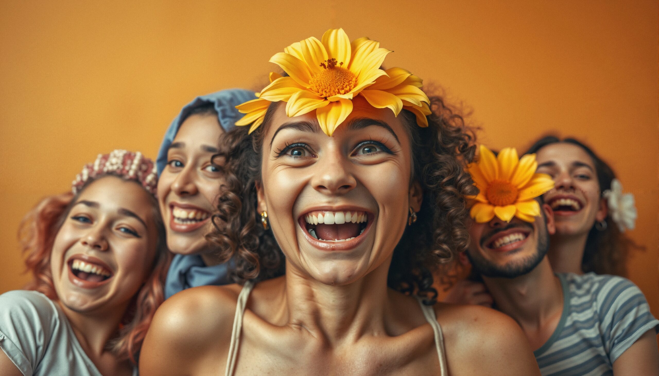 Five friends joyful with flowers