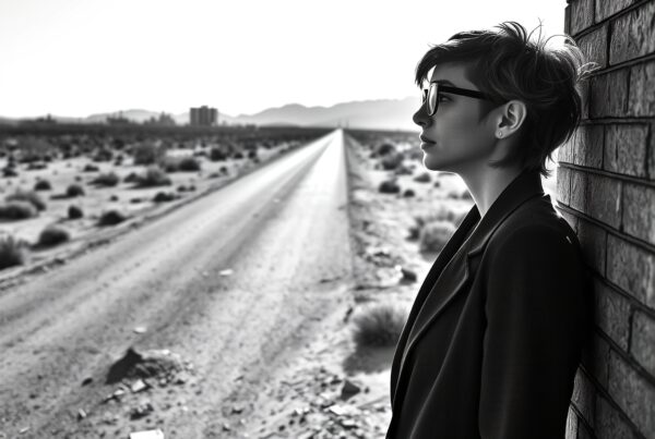 Black and white photo of a woman in glasses, standing against a brick wall in a desert landscape with a road leading to distant mountains.