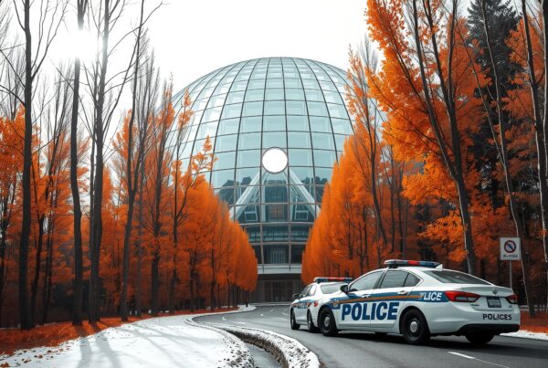 Modern dome with trees and police cars.