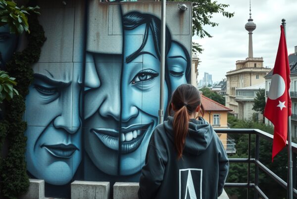 The image shows a person in a hoodie viewing a vibrant mural of blue faces on an urban building wall.