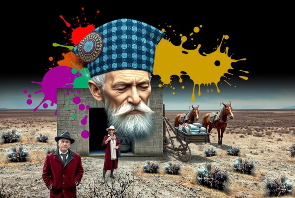 A surreal desert with vivid colors, abstract architecture, and vintage figures.