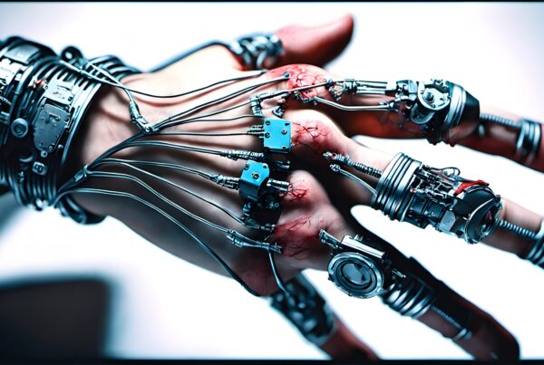 A cybernetic hand fused with mechanical enhancements, showcasing intricate biomechanical design.