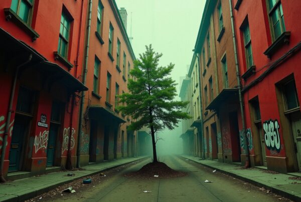 A lone tree grows in the center of a foggy, graffiti-lined urban street, surrounded by red-orange buildings, symbolizing nature's resilience amidst urban decay.