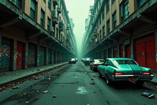 Foggy urban street with vintage cars and graffiti-lined buildings.