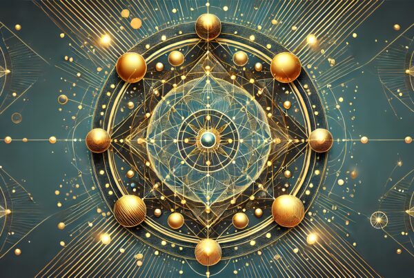 Intricate geometric design with golden spheres radiating energy against a teal background.