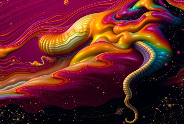 Vibrant abstract artwork with flowing shapes and cosmic colors.