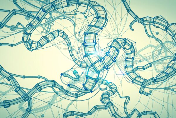 Futuristic network design of interconnected tubular structures glowing with technological themes.