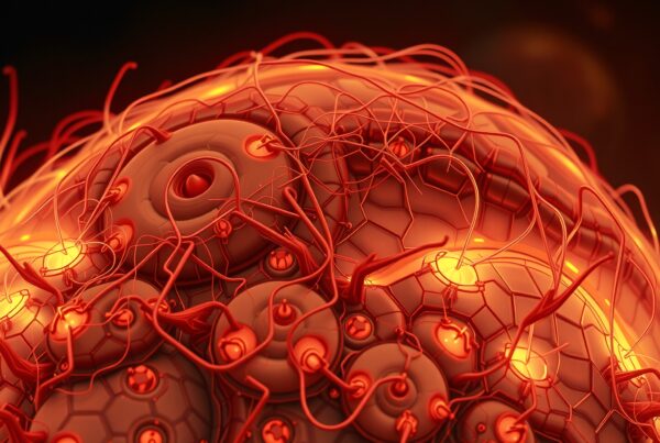 Abstract illustration of glowing biological structure.
