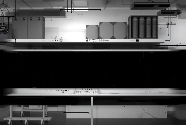 Futuristic industrial lab with various control panels and electronic devices in grayscale.