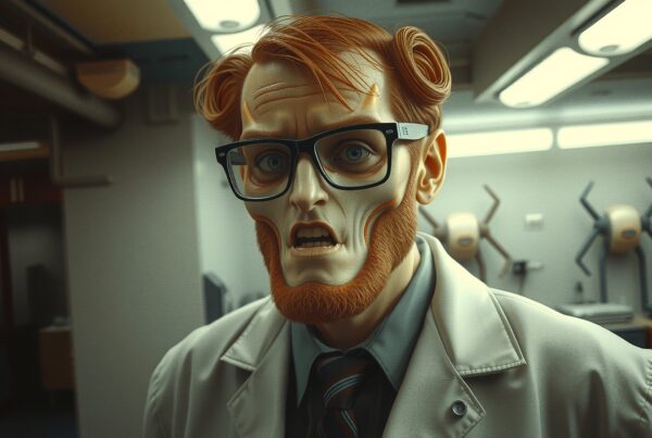 A scientist with a mechanical face in a retro-futuristic lab setting, wearing glasses, a lab coat, and surrounded by sci-fi machinery.