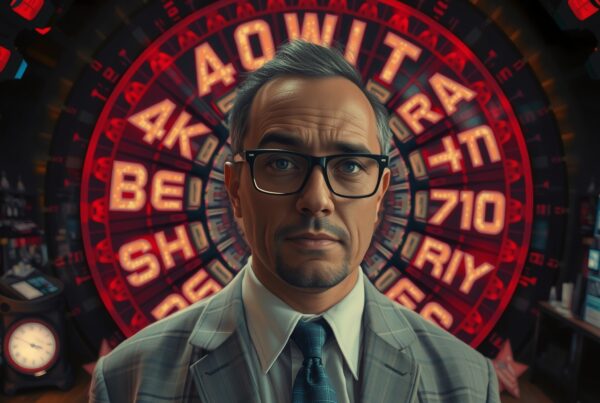 A man in a suit stands before colorful neon signs, creating a vivid, eclectic atmosphere.