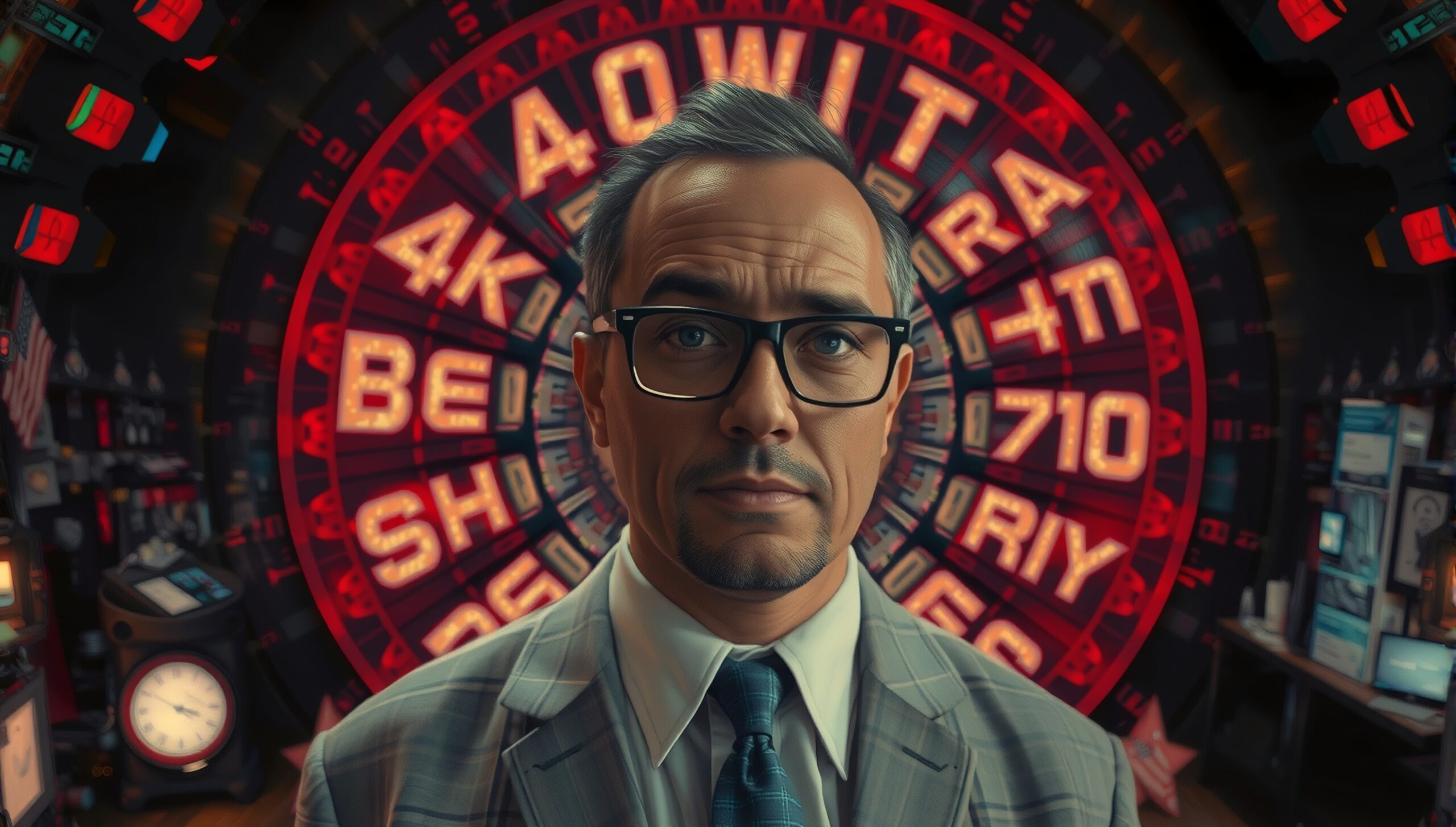 Colorful Neon Signs Behind Businessman