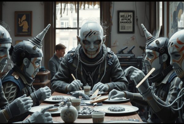 Futuristic group gathers around table, engaged in a meticulous task amidst eclectic decorations.