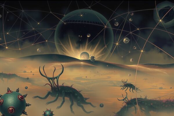 A surreal alien landscape with glowing spheres, creatures, and a misty atmosphere.