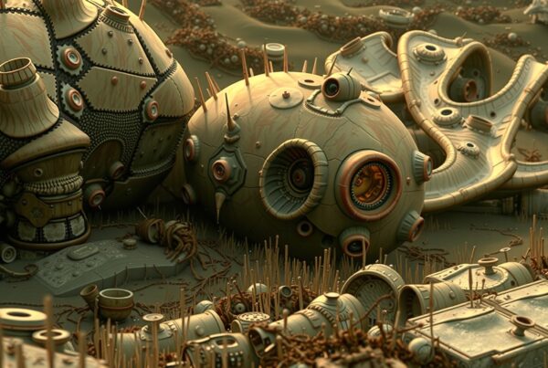 Intricate mechanized landscape with spherical apparatus amidst rods and vines.