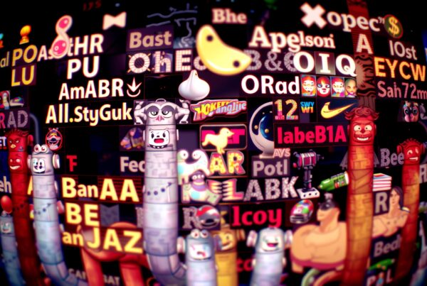 A vibrant collage of digital art featuring cartoon characters and logos in a colorful, chaotic arrangement.